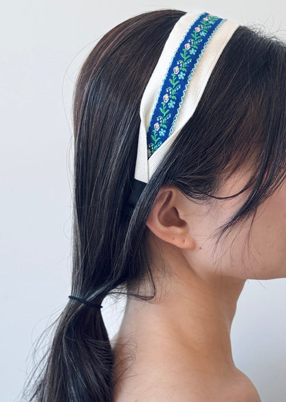 Embroidered floral headband royal blue — Korean hair accessory