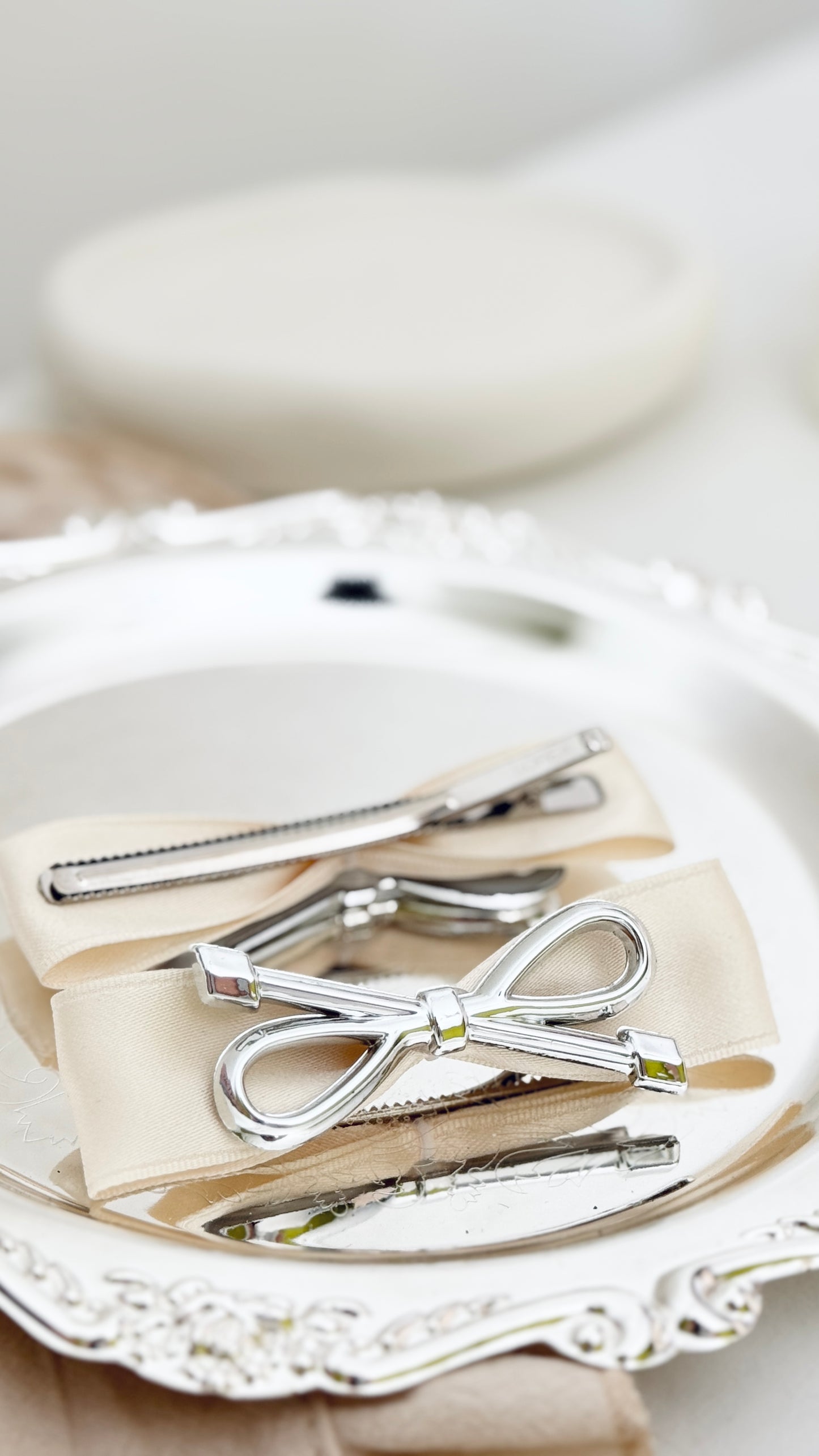 Silver Ribbon Hair Clip Set